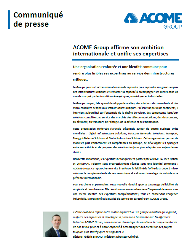 ACOME Group affirme son ambition internationale et unifie ses expertises